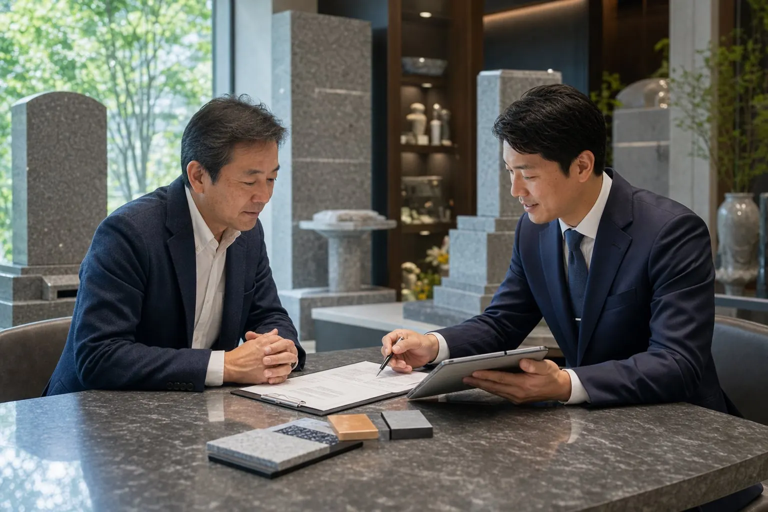 墓石ショールームで経営者とM&Aアドバイザーが資料を確認している相談風景