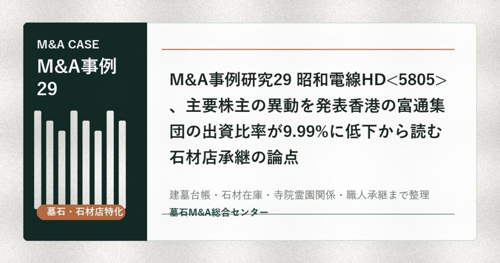 M&A事例研究29 昭和電線HD、主要株主の異動を発表香港の富通集団の出資比率が9.99%に低下から読む石材店承継の論点